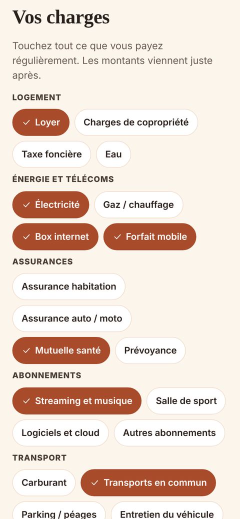 Liste de charges à cocher : loyer, électricité, box, mutuelle…
