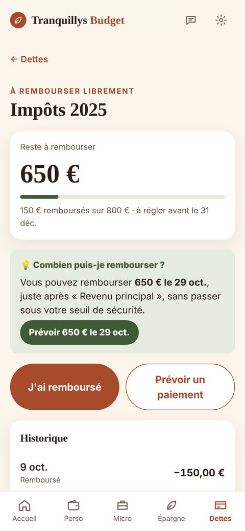 Une dette avec la suggestion : combien rembourser et à quelle date