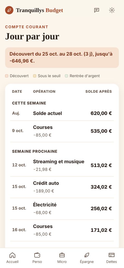 Tableau jour par jour avec le solde après chaque prélèvement